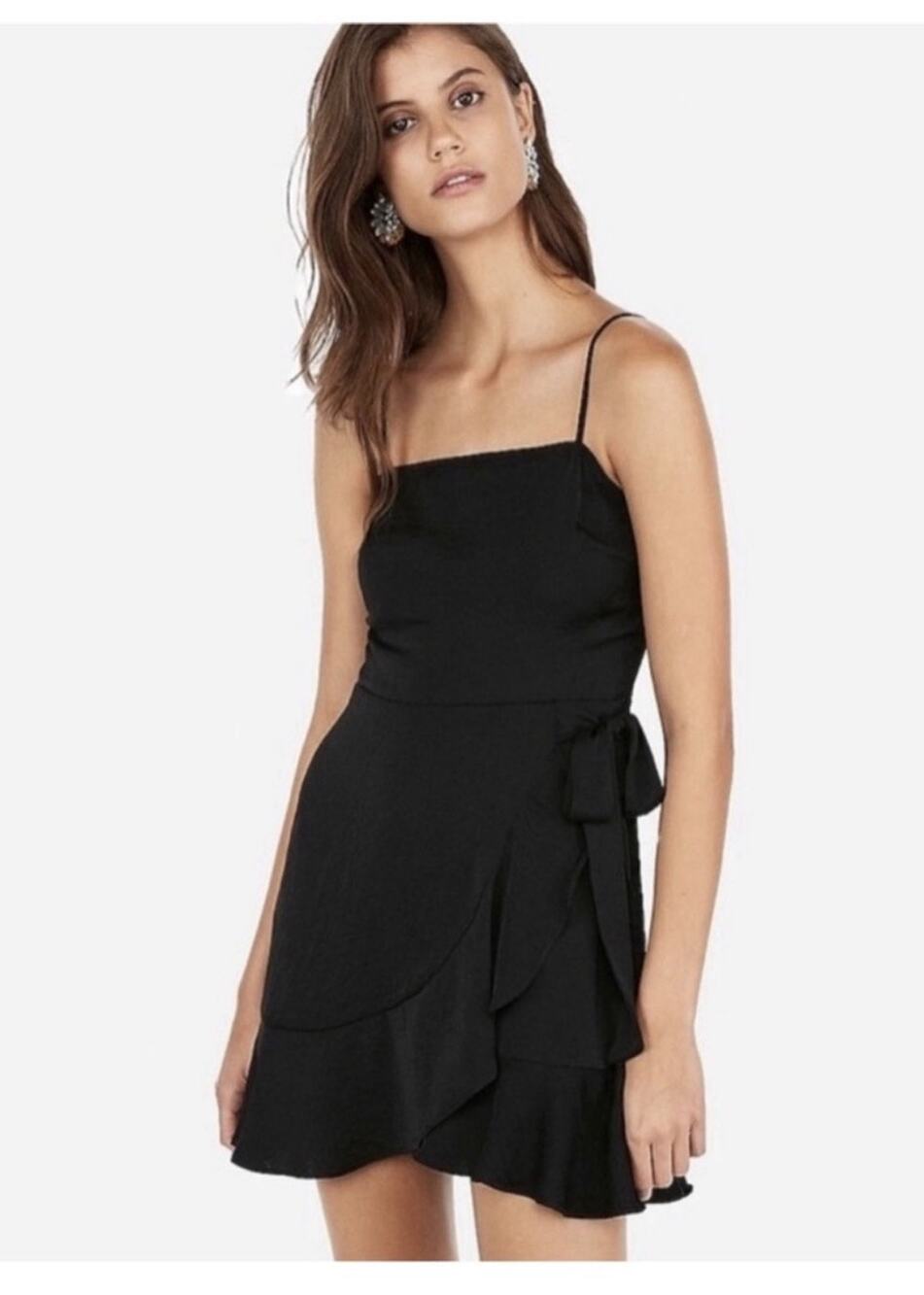 Express Black Ruffle Square Neck Wrap Mini Dress Womens Large NWT Tie Waist